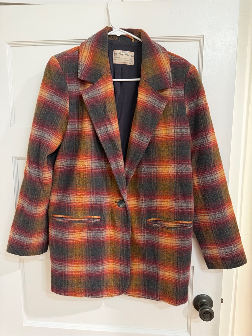 We The Free Plaid Wool-Blend Blazer in Red, Orange & Green